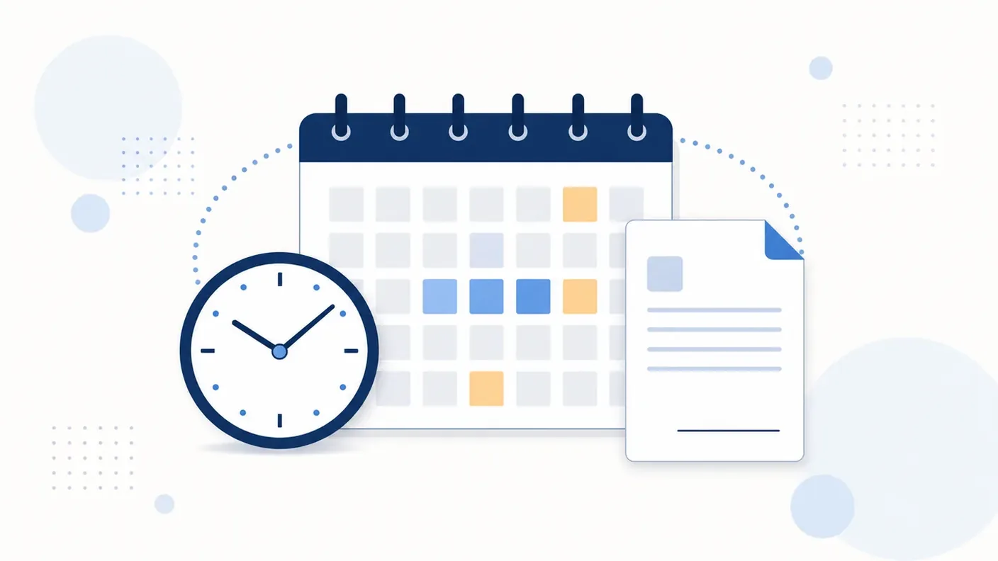 A calendar grid with several dates highlighted beside a clock face and a contract awaiting signature