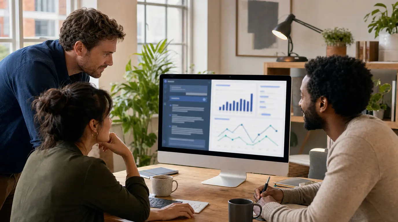 Office team reviewing billing charts presented by an AI assistant